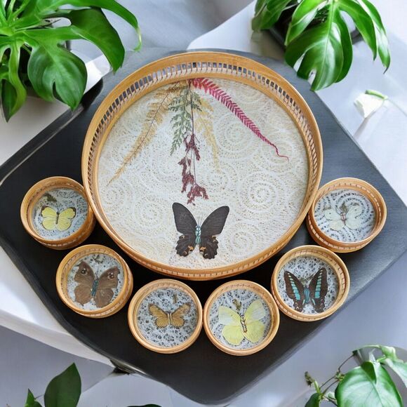 Source Unknown Other - Vintage Round Bamboo Serving Tray Butterfly with Coasters Set of 7 Taiwan